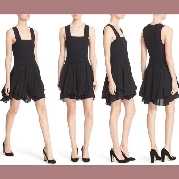 NEW $565‎ A.L.C Sabine Smocked Flutter Hem Dress in Black [SZ 2 ] #M781